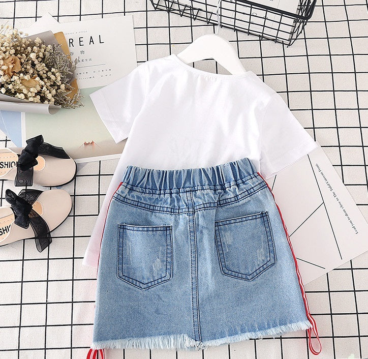 Kids Clothes White T-shirt Denim Skirt 2pcs Girls Suits - D&A