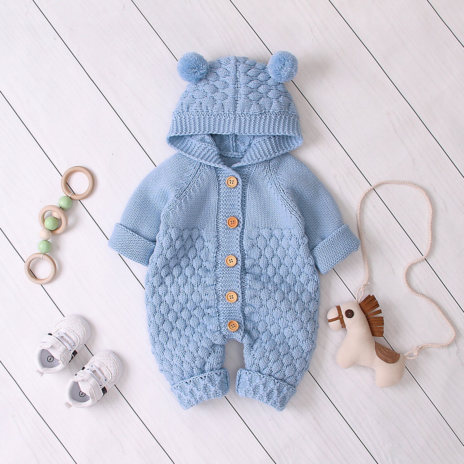 Hooded knitted jumpsuit Light Blue - D&A