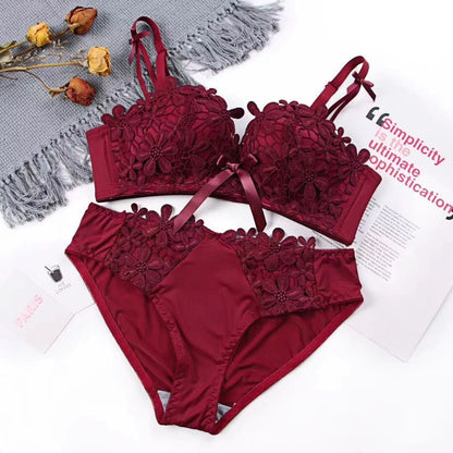 Lace embroidered brassiere bra Red - D&A