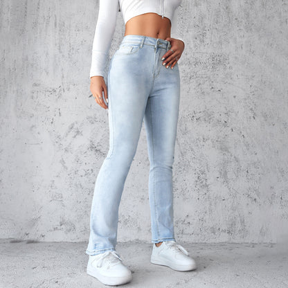 Women's Straight Leg Slim Fit Jeans, Fashionable And Simple Light Blue Pants Light Blue - D&A