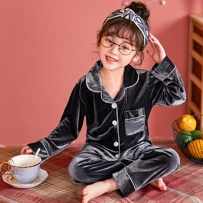 Children's Gold Velvet Solid Color Pajamas Set Grey - D&A