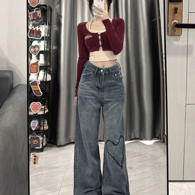 Love Embroidered Wide-leg Simple Casual Jeans - D&A