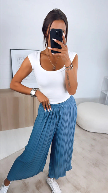 High Waist Casual Draping Pleated Straight-leg Pants Peacock Blue - D&A