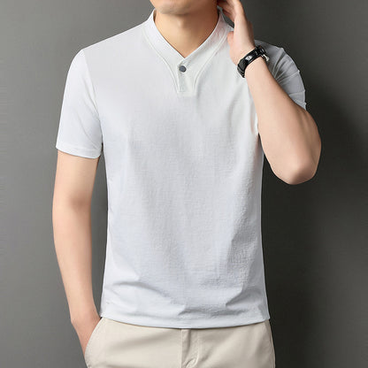 Young Men's Short Sleeve T-shirt Zipper High-grade Casual Summer Wear One Buckle White - D&A
