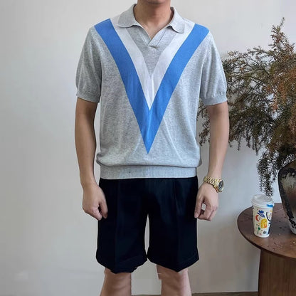 V-neck Short-sleeved Sweater Men's Striped Gray - D&A