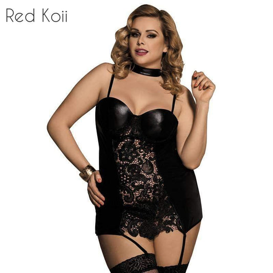 Gartered Lingerie Lace Faux Leather Lingerie - D&A