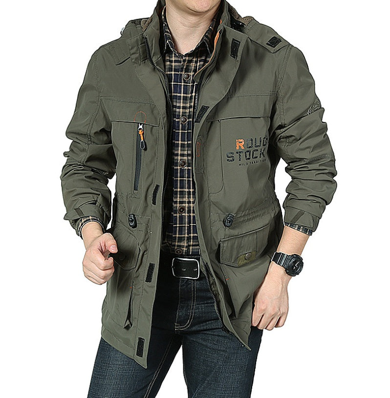 Spring thin Jacket jacket Men's casual outdoor waterproof breathable long hooded stand collar Jackets men 086 Green - D&A