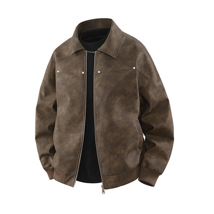 American Retro Brown Lapel Leather Coat - D&A