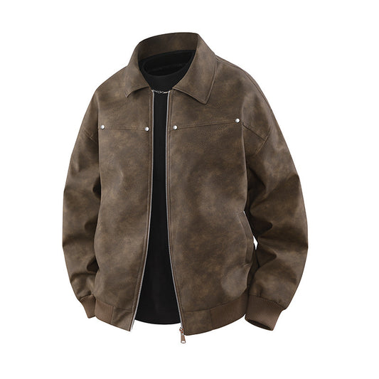 American Retro Brown Lapel Leather Coat - D&A