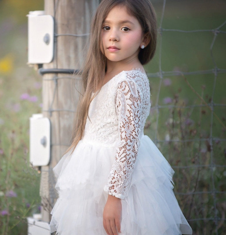 Autumn And Winter Explosions Hollow Children's Skirt Lace Long-sleeved Girls White Princess Dress Irregular Dress - D&A