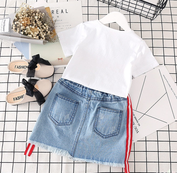 Kids Clothes White T-shirt Denim Skirt 2pcs Girls Suits - D&A