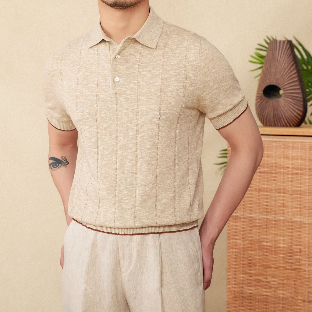 Linen Cotton Blended Men's Lapel Knitted Polo Shirt Hemp Apricot - D&A