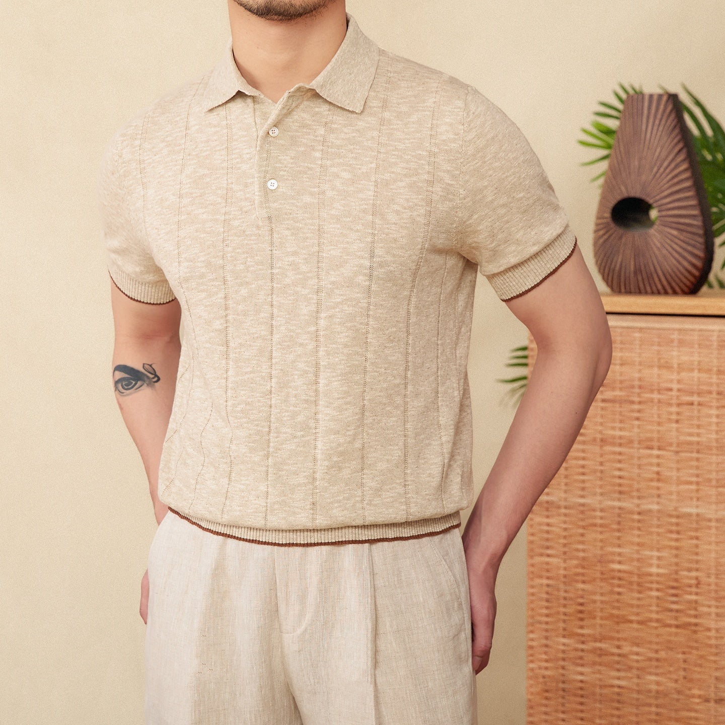 Linen Cotton Blended Men's Lapel Knitted Polo Shirt Hemp Apricot - D&A