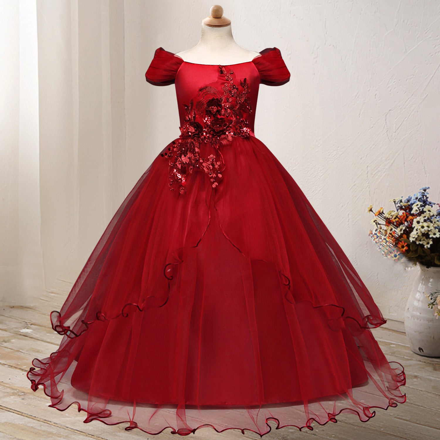 One-shoulder Princess Flower Dress Costume Red - D&A