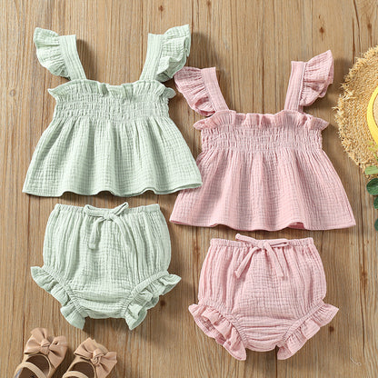 Girls' Solid Color Sling Top Hot Pants Suit - D&A