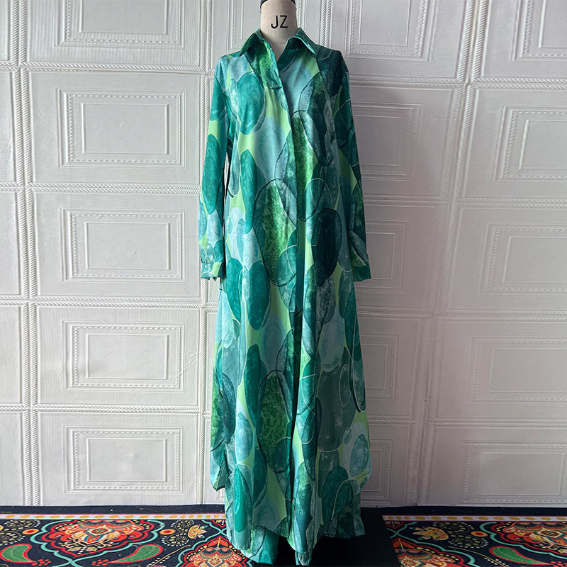 Elegant Sexy Fashion Print Top Wide Leg Pants Two-piece Set Green - D&A