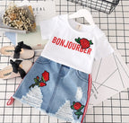 Kids Clothes White T-shirt Denim Skirt 2pcs Girls Suits - D&A