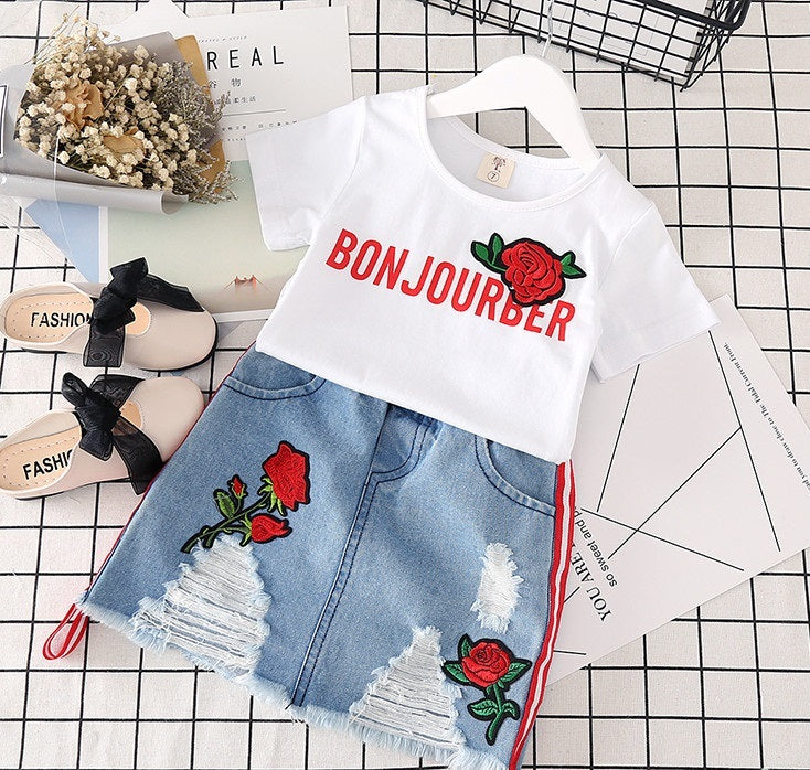 Kids Clothes White T-shirt Denim Skirt 2pcs Girls Suits - D&A