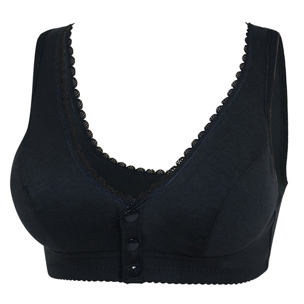 Cotton front button bra without steel ring beautiful back bra Black - D&A