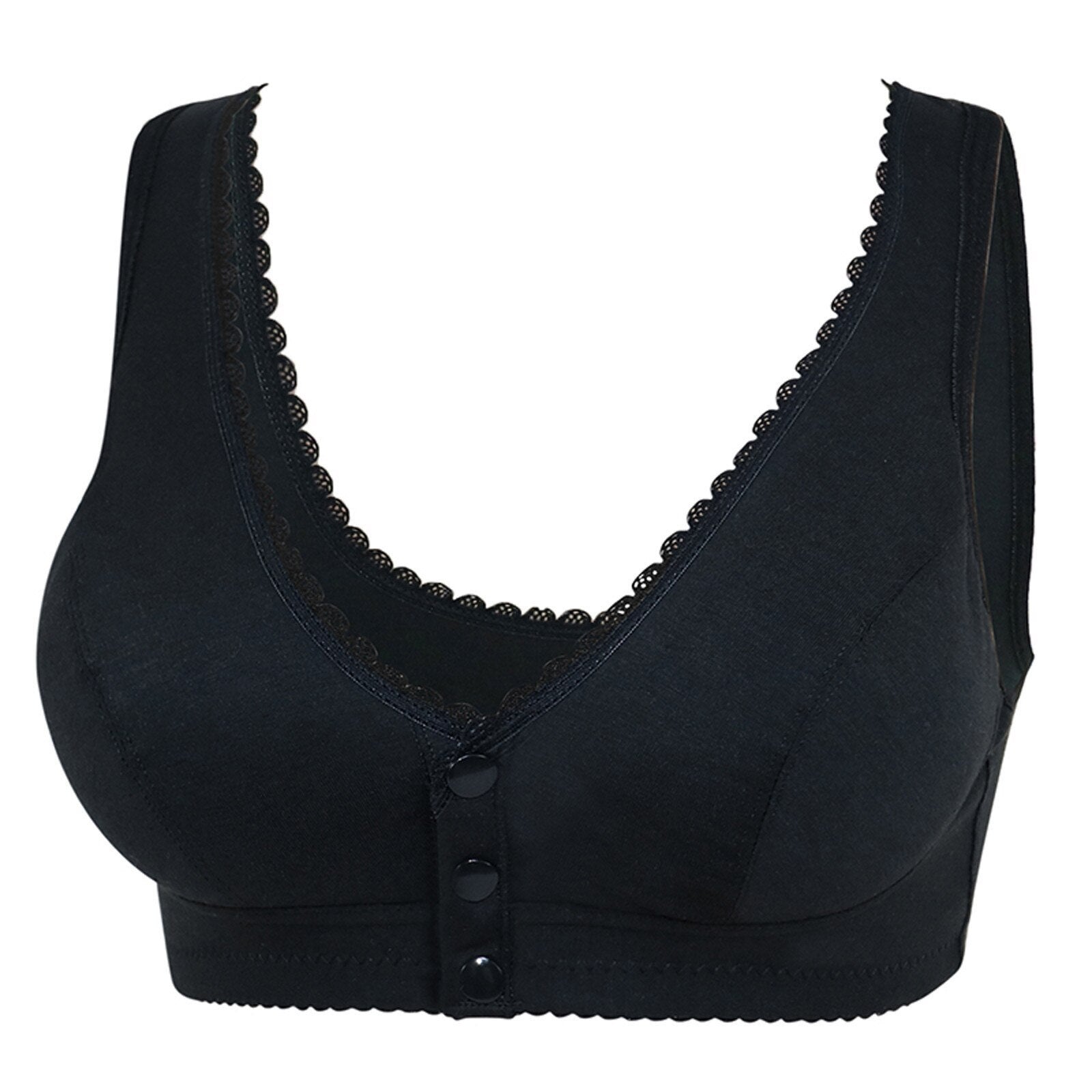 Cotton front button bra without steel ring beautiful back bra Black - D&A