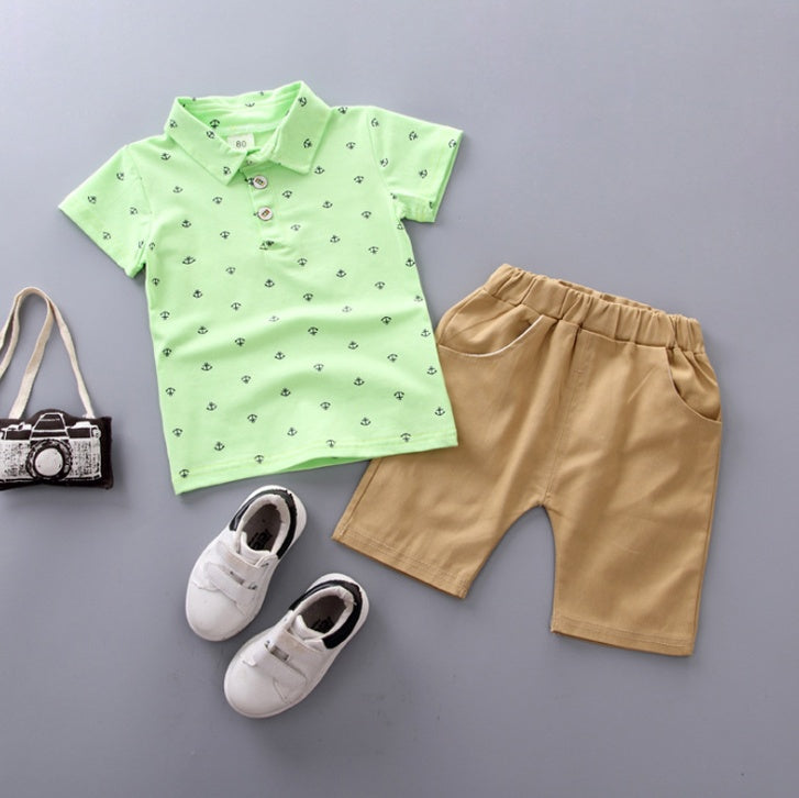 Anchor printed boy boy suit Korean short sleeve spring summer children's wear Green - D&A