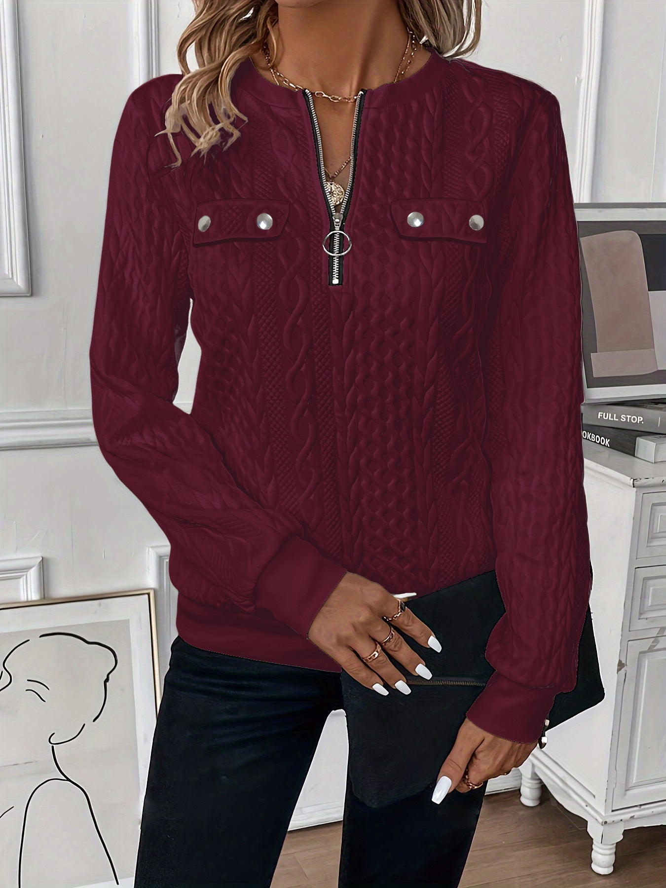 Short Women's Clothing With Zipper Sweater Long Sleeve 8806 Wine Red 1 - D&A