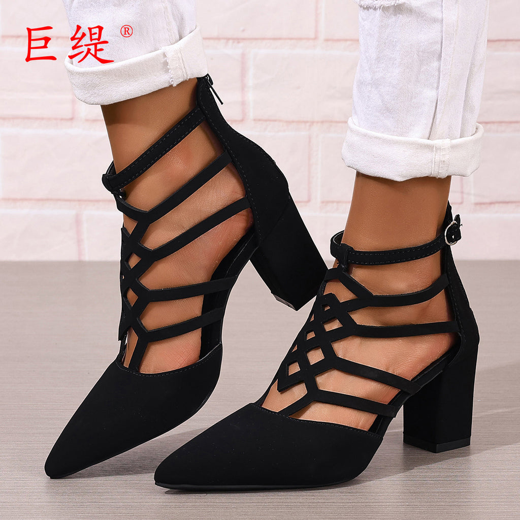 Fashion High Heel Professional Pointed-toe Hollowed High Heel Sandals Black - D&A
