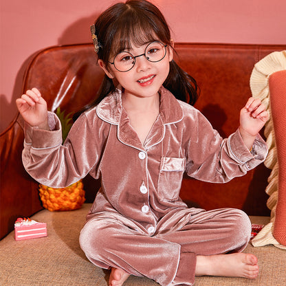 Children's Gold Velvet Solid Color Pajamas Set Pink - D&A