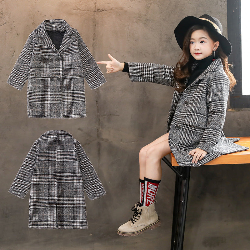 Gray plaid houndstooth coat for girls - D&A