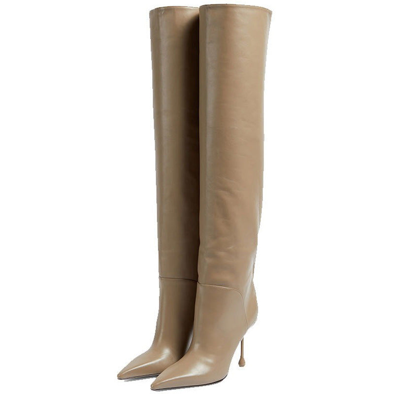 Pointed-toe Stiletto Slip-on Below The Knee Plus Size Straight Women's Boots Apricot - D&A