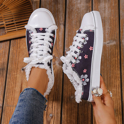 Spring And Autumn New Casual All-match Flat Lace-up Plus Size Low-top Canvas Shoes For Women Blue - D&A