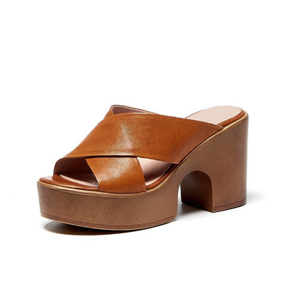 Summer Casual Retro Thick Bottom Chunky Heel Women's Roman Style Sandals Brown - D&A