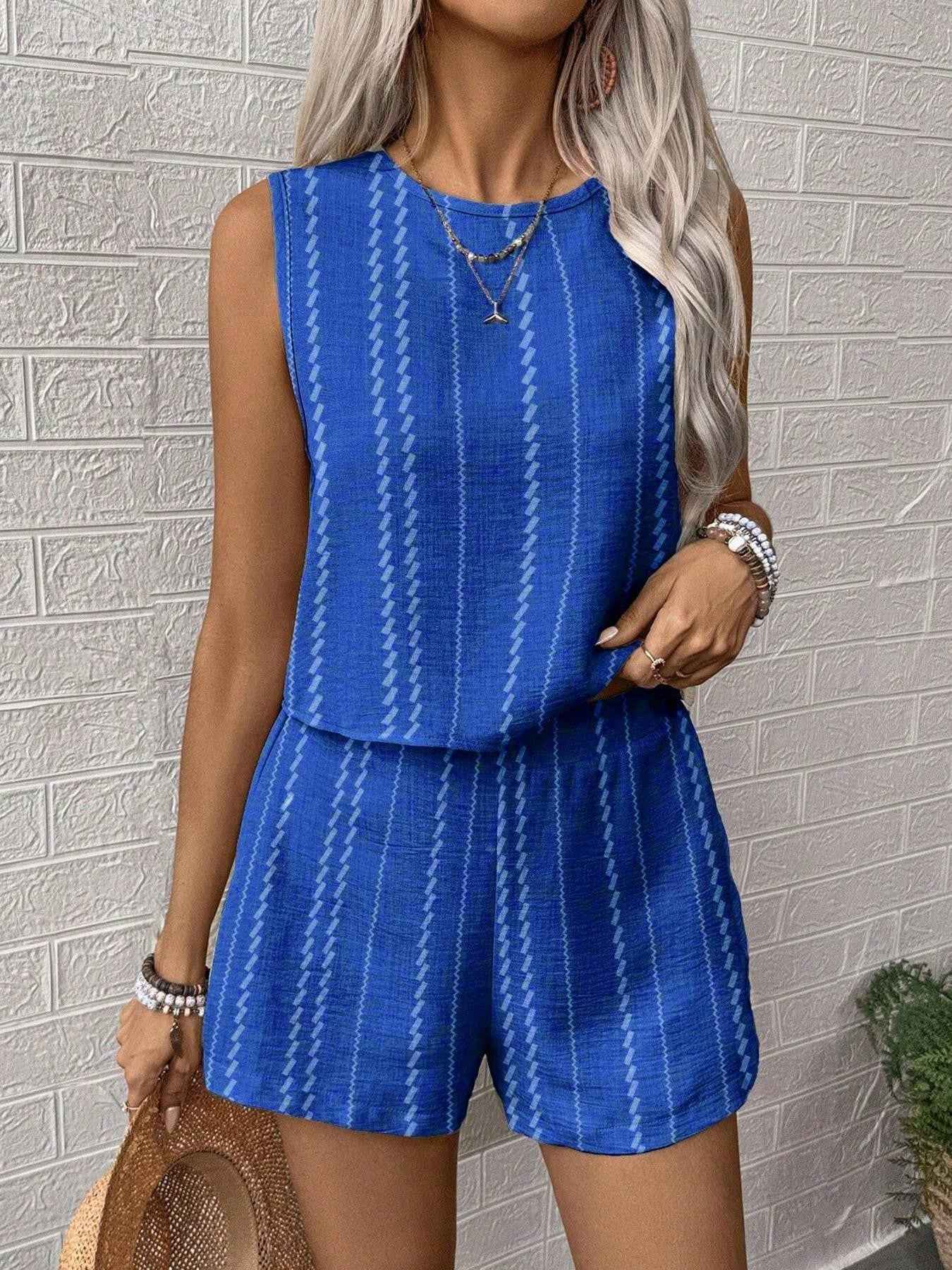 Casual Craft Stripe Printing Sleeveless Tank Top Shorts Suit