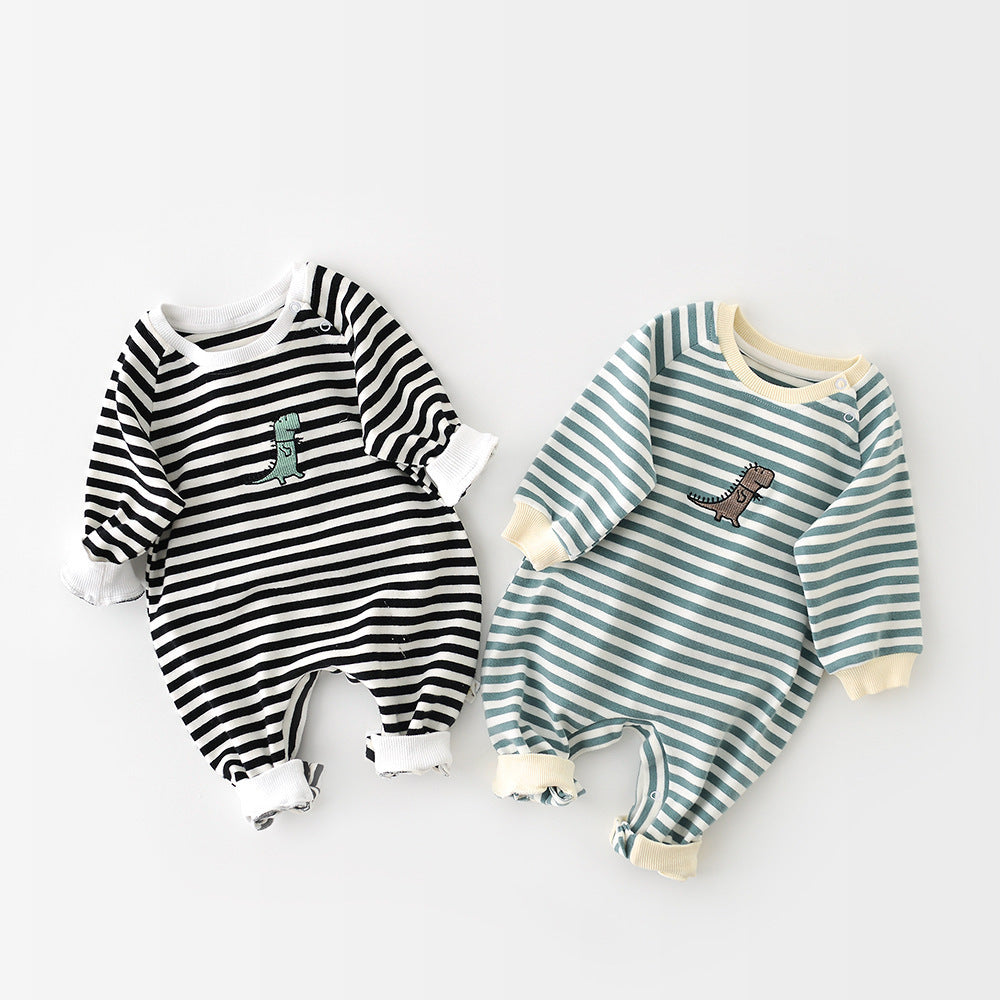 Male And Female Baby Cartoon Striped Dinosaur Embroidery Long-Sleeved Jumpsuit - D&A