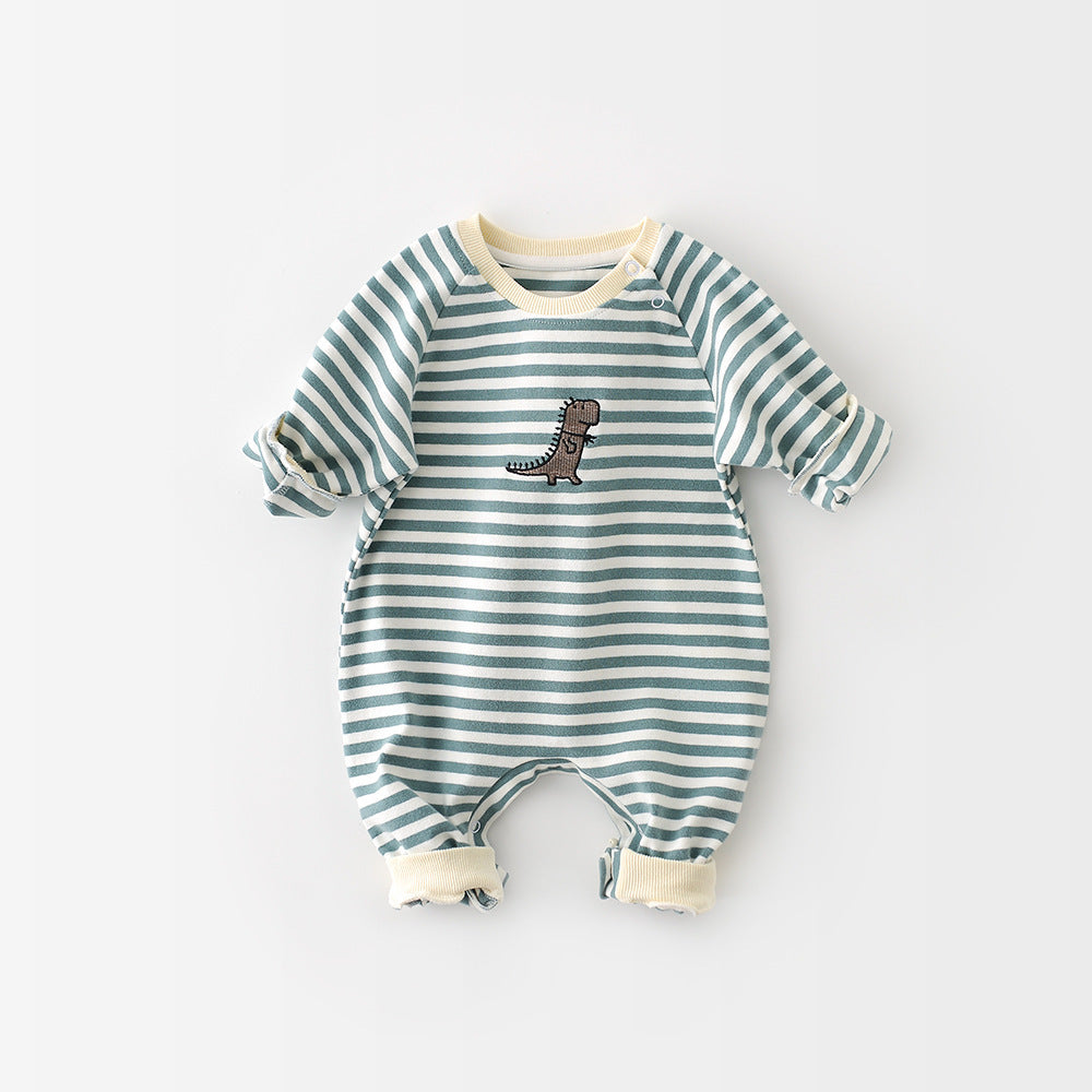 Male And Female Baby Cartoon Striped Dinosaur Embroidery Long-Sleeved Jumpsuit Green - D&A