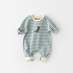 Male And Female Baby Cartoon Striped Dinosaur Embroidery Long-Sleeved Jumpsuit Green - D&A