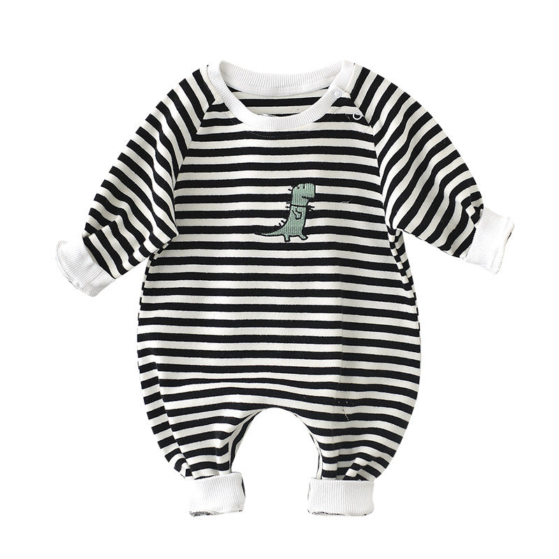Male And Female Baby Cartoon Striped Dinosaur Embroidery Long-Sleeved Jumpsuit Black - D&A