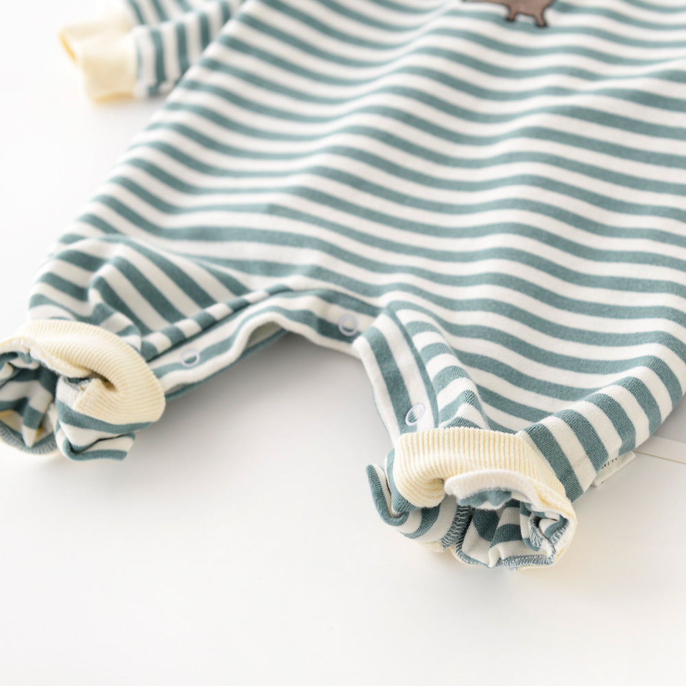 Male And Female Baby Cartoon Striped Dinosaur Embroidery Long-Sleeved Jumpsuit - D&A