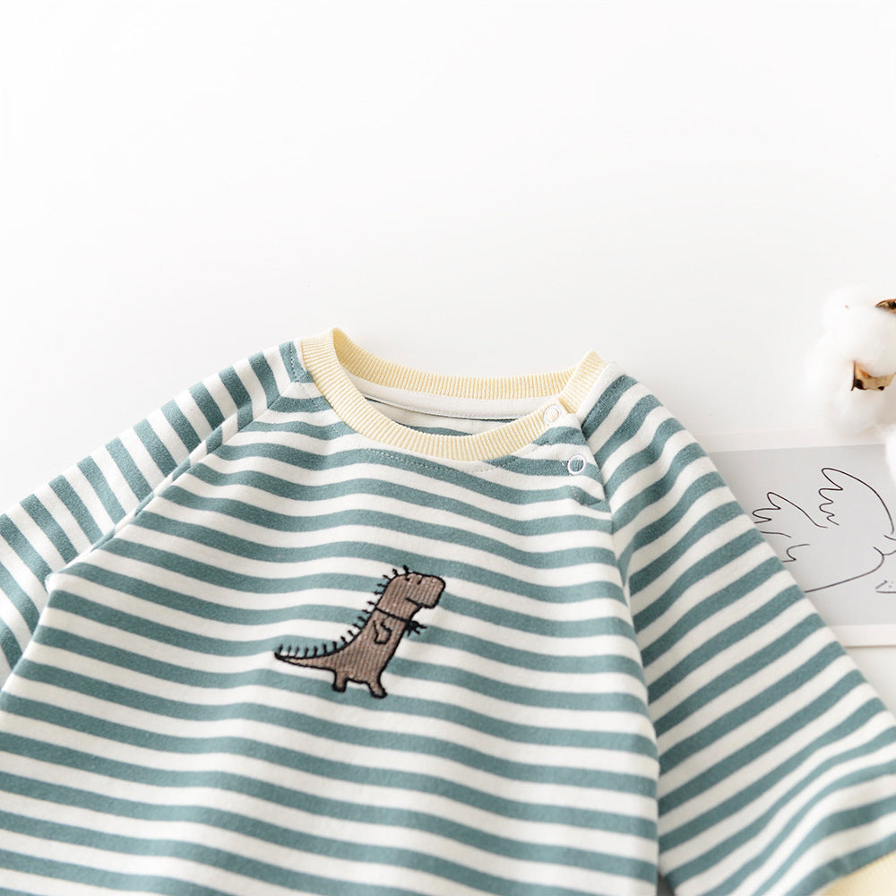 Male And Female Baby Cartoon Striped Dinosaur Embroidery Long-Sleeved Jumpsuit - D&A