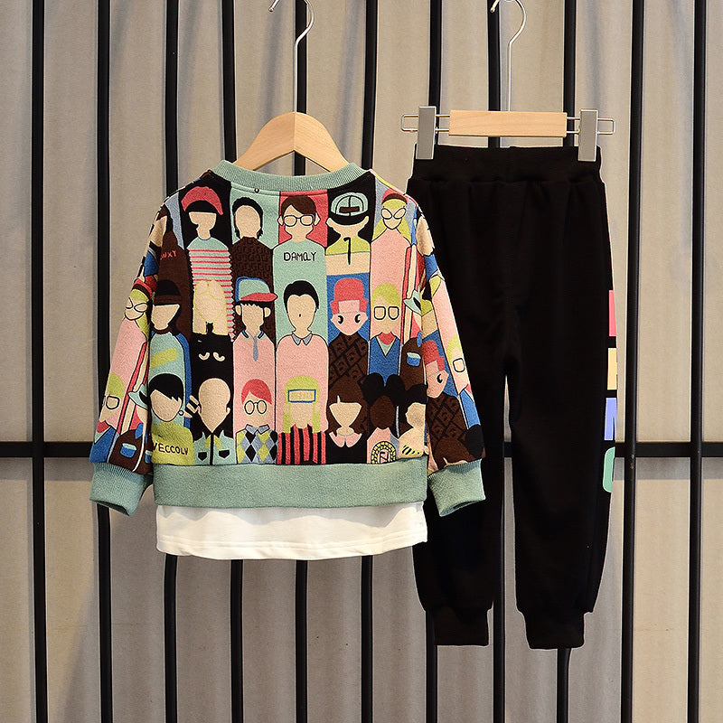 Children's Clothing Boy Autumn Clothing Suit Autumn New Style Korean Casual Cartoon Two-Piece Suit Spring And Autumn Models Big Kids Trend Green - D&A