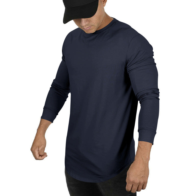 Men's Long-sleeved Casual Round Neck Solid Color Top Bottoming T-shirt Navy Blue - D&A