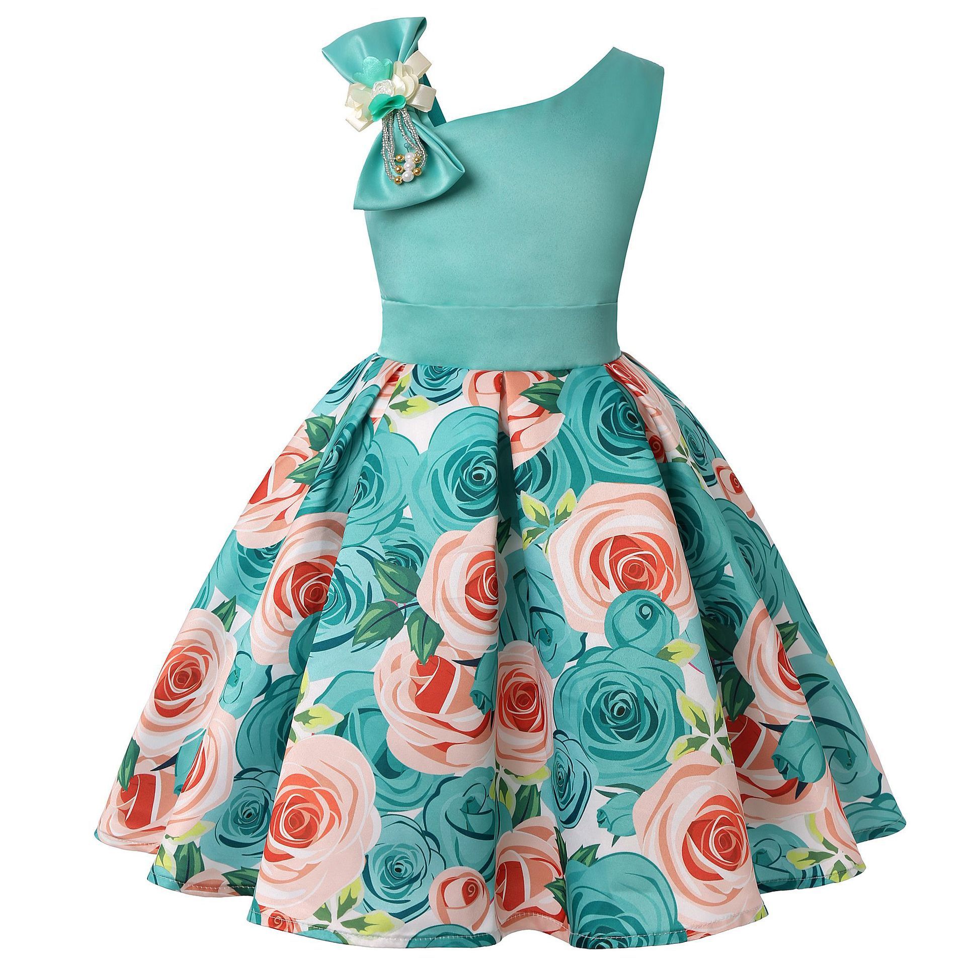 Girls' Dresses Girls' Princess Dresses Digital Print Children's Dresses Light Green - D&A