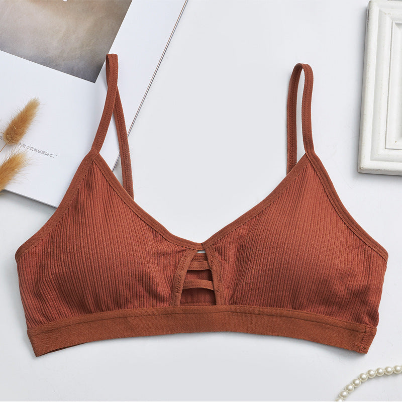 Cross Border New French Bra Rimless Sling Low Back Hollow Breathable Triangle Bra Seamless Bra Lady caramel - D&A