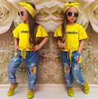 Girls Clothing Cotton Yellow Letter T-Shirt Jeans Suit - D&A