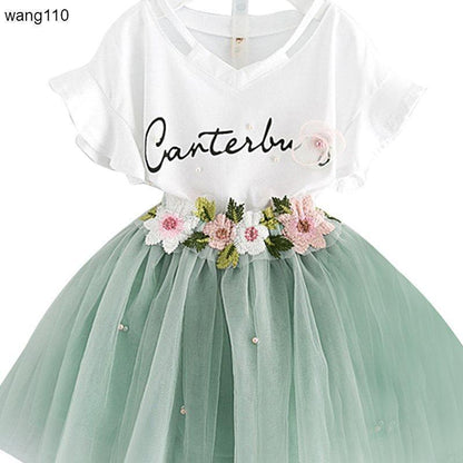 Summer Kids Girls Clothing Sets 2 pcs T-shirt Hole Pants Set Green - D&A