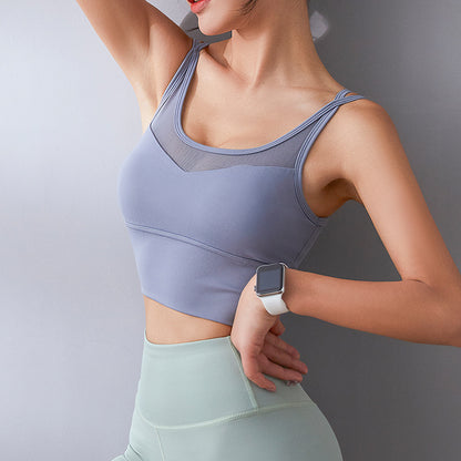 Cross Bra Shockproof Gathering Stereotype Sports Yoga Fitness Spaghetti Bra Grey Lake Blue - D&A