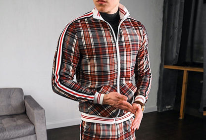 Autumn Men Casual Zipper Jacket Sports Wear Street High collar Jackets quality Sweatshirt Casual Fashion Top Light brown stripes - D&A