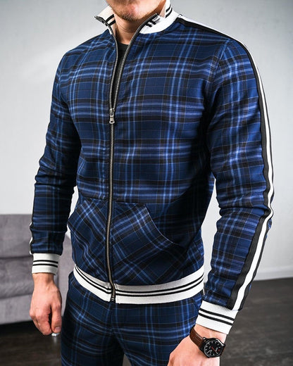Autumn Men Casual Zipper Jacket Sports Wear Street High collar Jackets quality Sweatshirt Casual Fashion Top Blue stripes - D&A