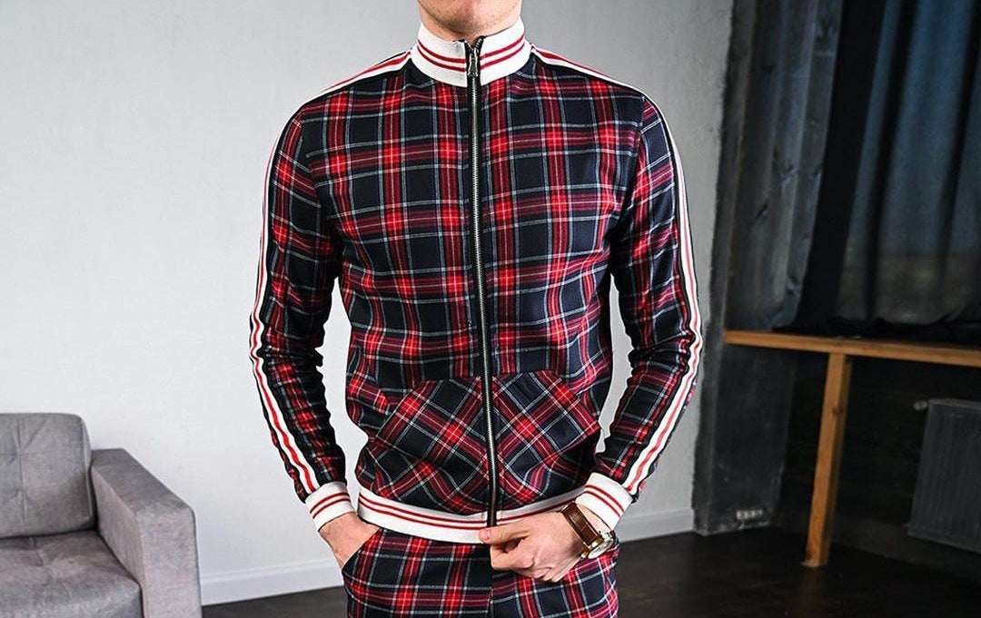 Autumn Men Casual Zipper Jacket Sports Wear Street High collar Jackets quality Sweatshirt Casual Fashion Top Burgundy stripes - D&A