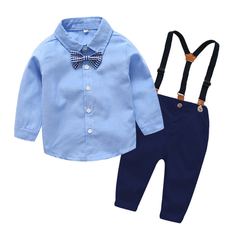 Boys Gentleman Bib Pant Suit Long Sleeve Bow Tie Blue - D&A